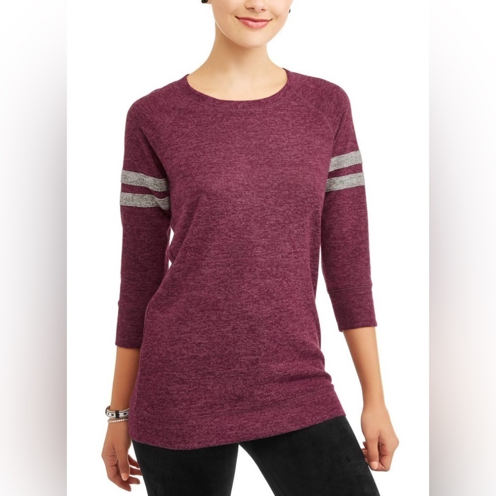 Hacci Tunic Top Juniors' Sz 11-13 L Burgundy Gray Varsity Stripes 3/4 Sleeve